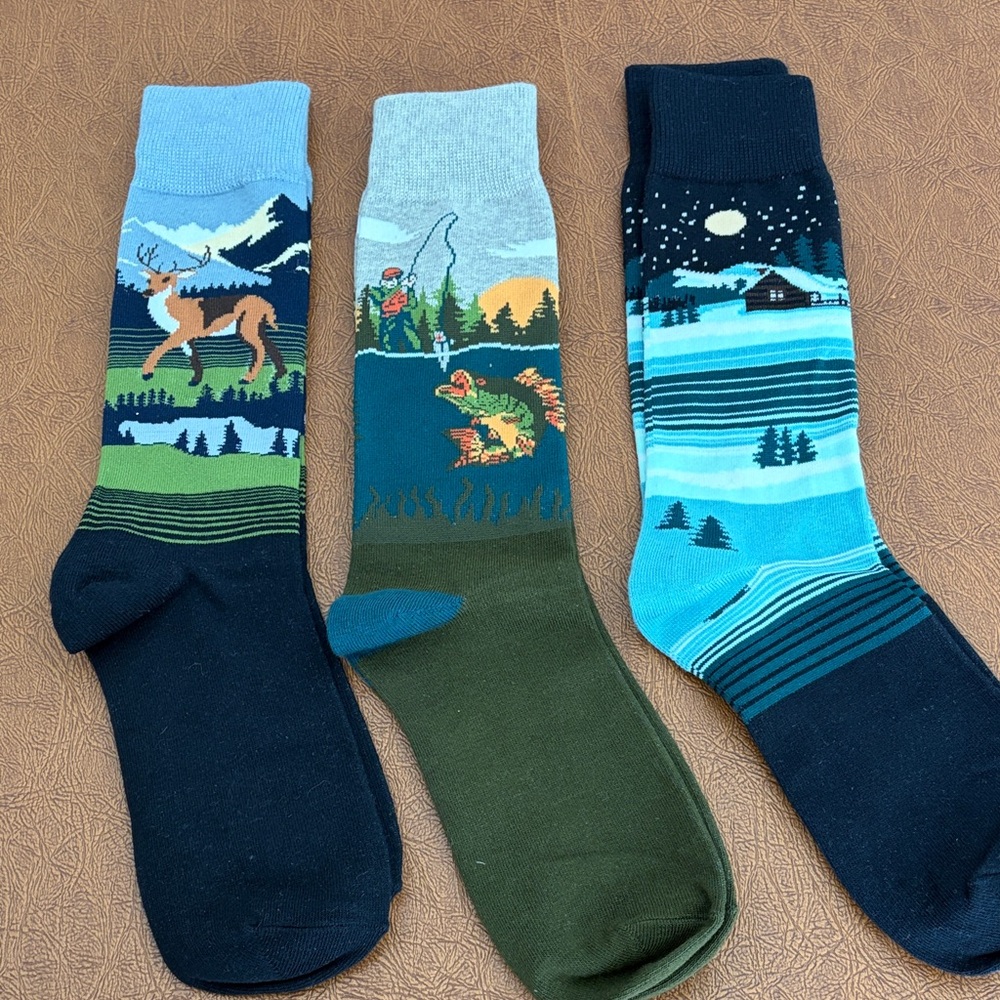 3-Pair New Outdoor Nature Scenic Crew Socks – Cabin, Fishing & Deer